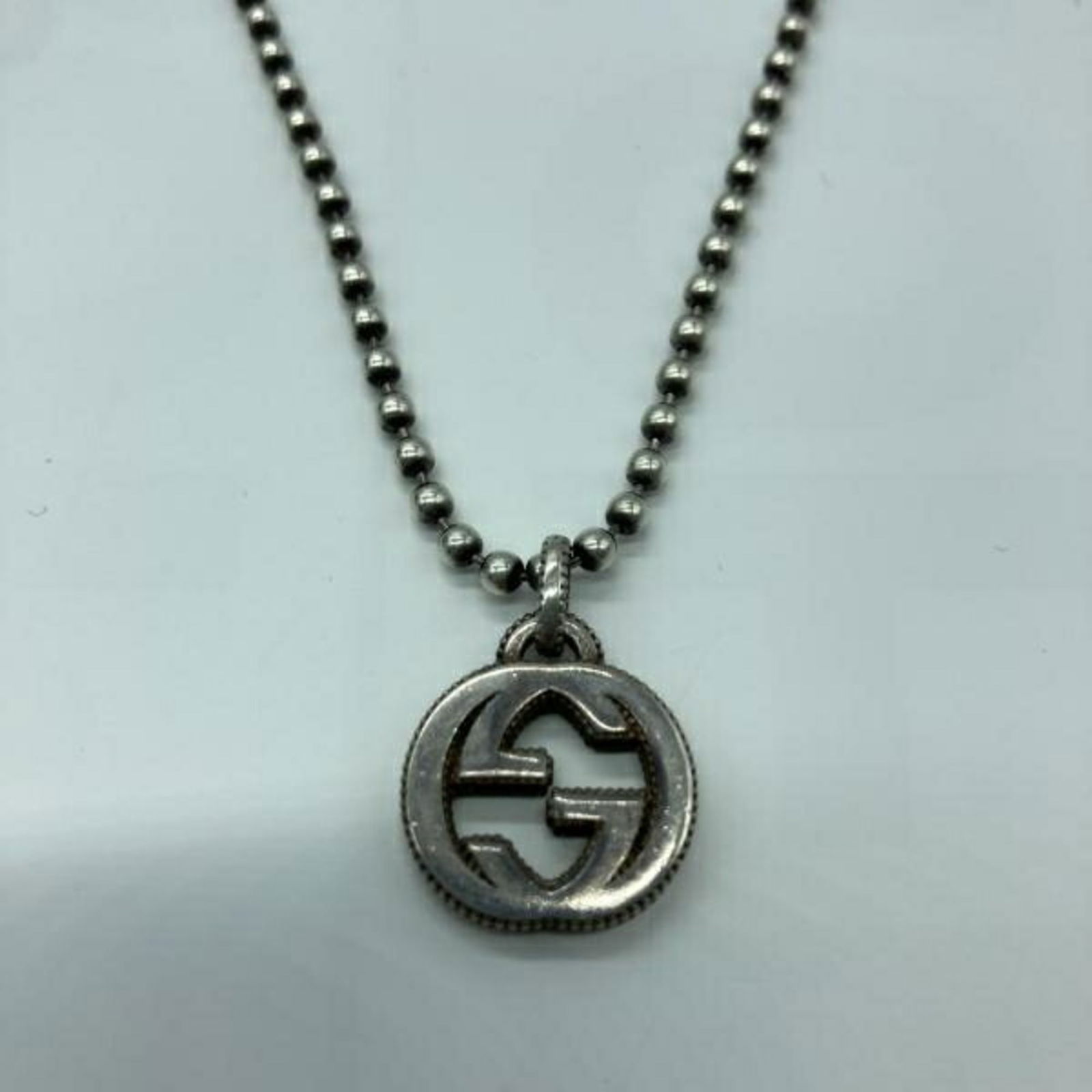 Silver GUCCI Interlocking Ball Chain Necklace in Ag925: Silver GUCCI Interlocking Ball Chain Necklace in Ag925 This listing features Silver GUCCI Interlocking Ball Chain Necklace in Ag925. Item specifics are provided below. Item Specifics: Brand: Gucci