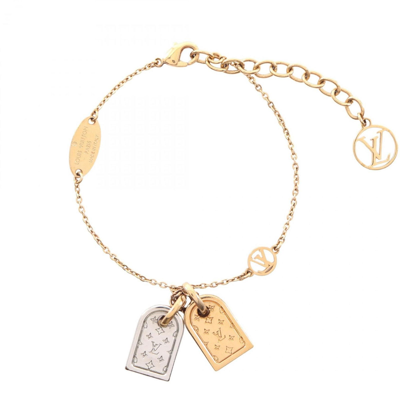 Stainless Steel - Louis Vuitton Charm Bracelet Gold Plating: Stainless Steel - Louis Vuitton Charm Bracelet Gold Plating This listing features Stainless Steel - Louis Vuitton Charm Bracelet Gold Plating. Item specifics are provided below. Item Specifics: Brand: