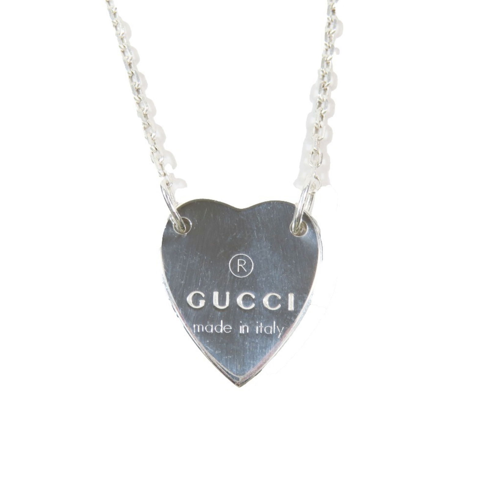 Perfect for Women - Gucci Trademark Heart Motif Necklace with Logo Pendant in AG925 Silver: Perfect for Women - Gucci Trademark Heart Motif Necklace with Logo Pendant in AG925 Silver This listing features Perfect for Women - Gucci Trademark Heart Motif Necklace with Logo Pendant in AG925
