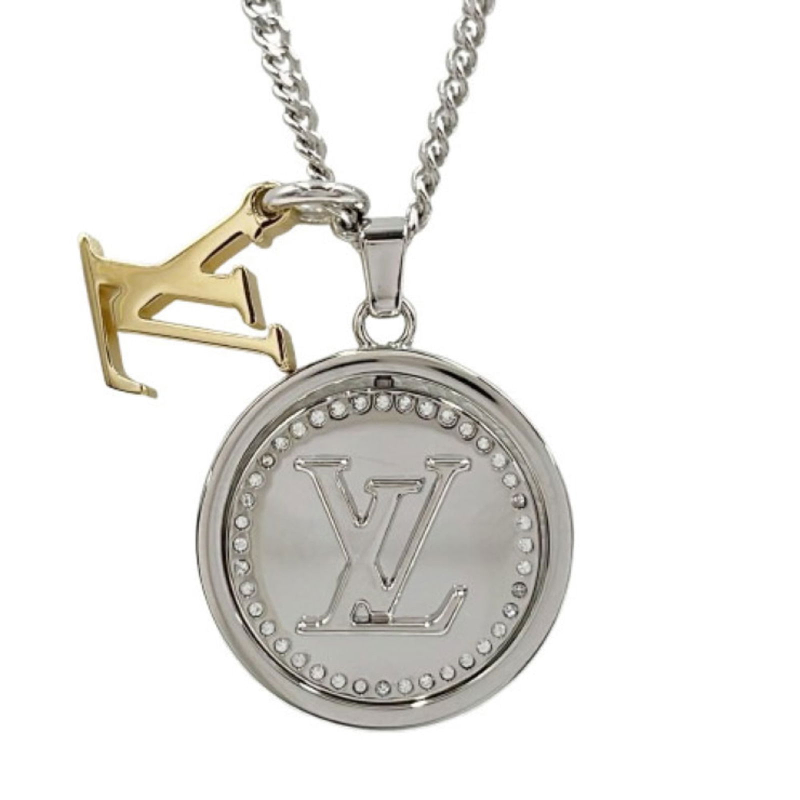 for Men Women - LOUIS VUITTON Louis Vuitton Necklace Pendant with LV Backing M80184 - Gold and: for Men Women - LOUIS VUITTON Louis Vuitton Necklace Pendant with LV Backing M80184 - Gold and Silver Metal Rhinestones This listing features for Men Women - LOUIS VUITTON Louis Vuitton Necklace