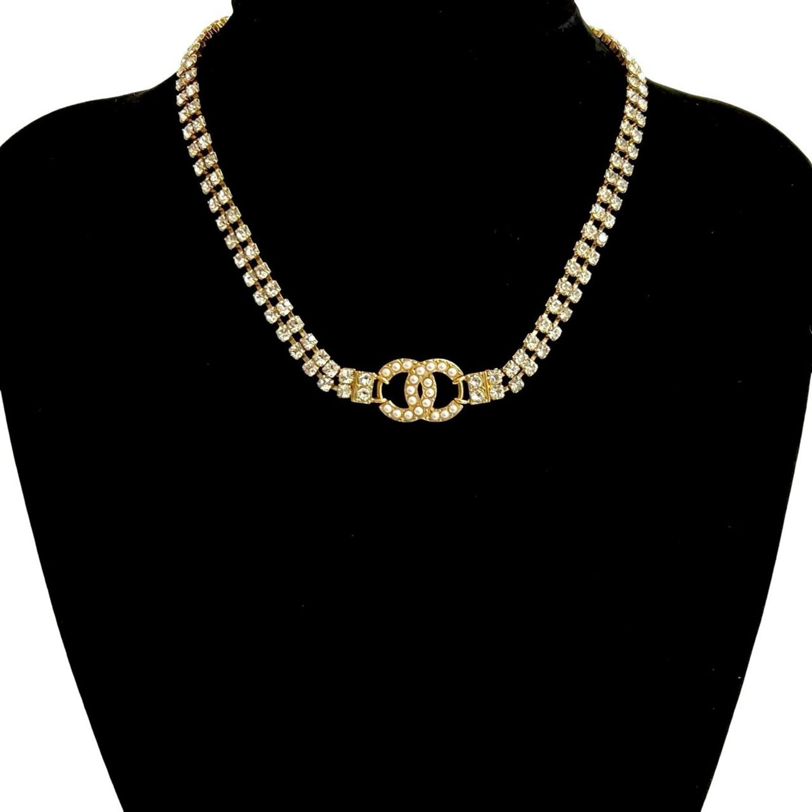 10627 CHANEL Coco Mark GP Rhinestone and Faux Pearl Necklace Choker Gold (1 of 5)