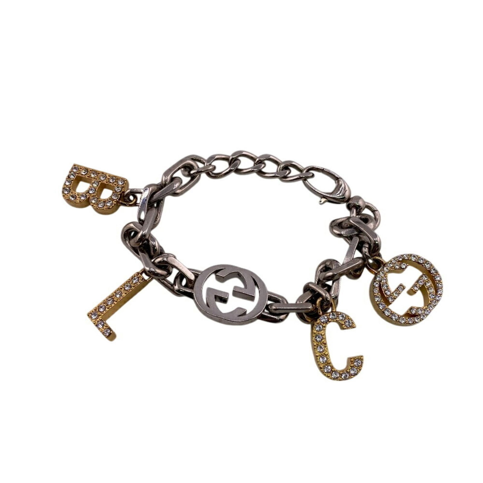Rhinestone - Gucci Charm Bracelet Metal: Rhinestone - Gucci Charm Bracelet Metal This listing features Rhinestone - Gucci Charm Bracelet Metal. Item specifics are provided below. Item Specifics: Brand: Gucci Type: Charm Bracelet Gender: Wome