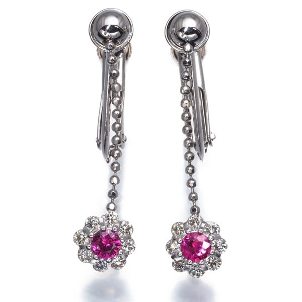 Platinum Ruby Diamond Flower Drop Earrings 900 - 2