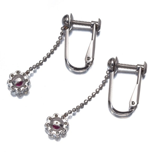 Platinum Ruby Diamond Flower Drop Earrings 900 - 4