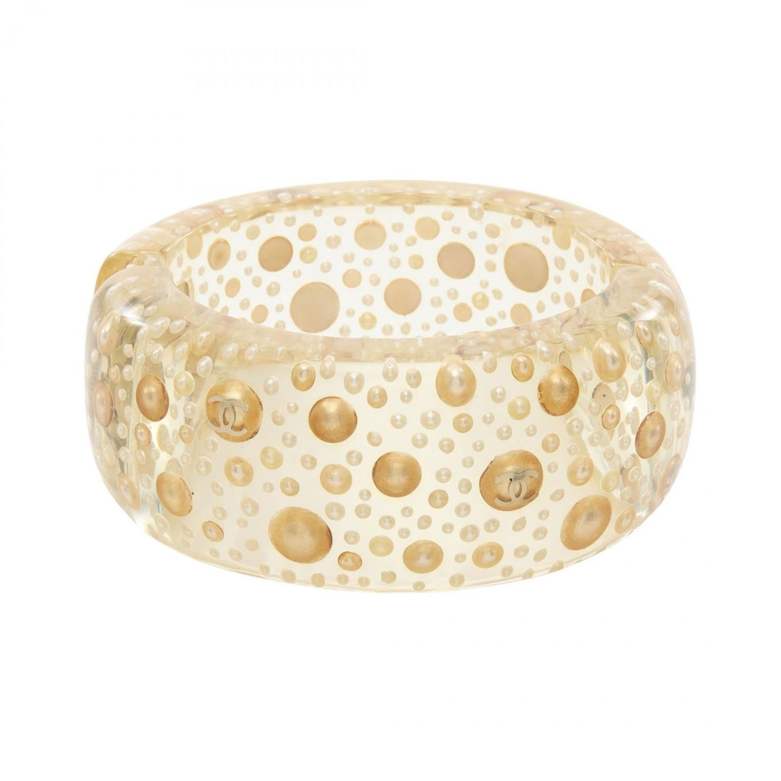 Plastic Chanel Bangle: Plastic Chanel Bangle This listing features Plastic Chanel Bangle. Item specifics are provided below. Item Specifics: Brand: Chanel Type: Bangle Gender: Women Material: Plastic Color: Clear, Gold Leng