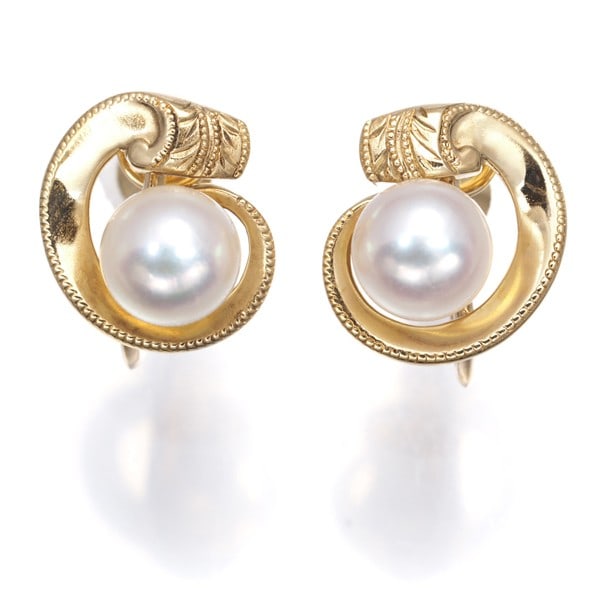 Gold Mikimoto Earrings Akoya Pearl 6.8Mm Solitaire 18K 750 Yellow (1 of 5)