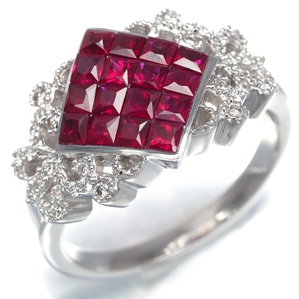 Gold Ruby Diamond 0.20Ct Ring 18K 750 White - 2