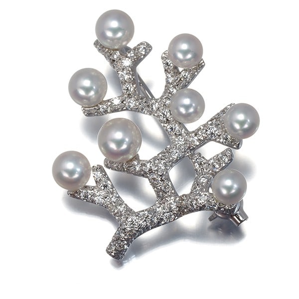 Wg Mikimoto Brooch Akoya Pearl 3.8-4.7Mm Diamond Kofuku No Ki 18K (1 of 4)