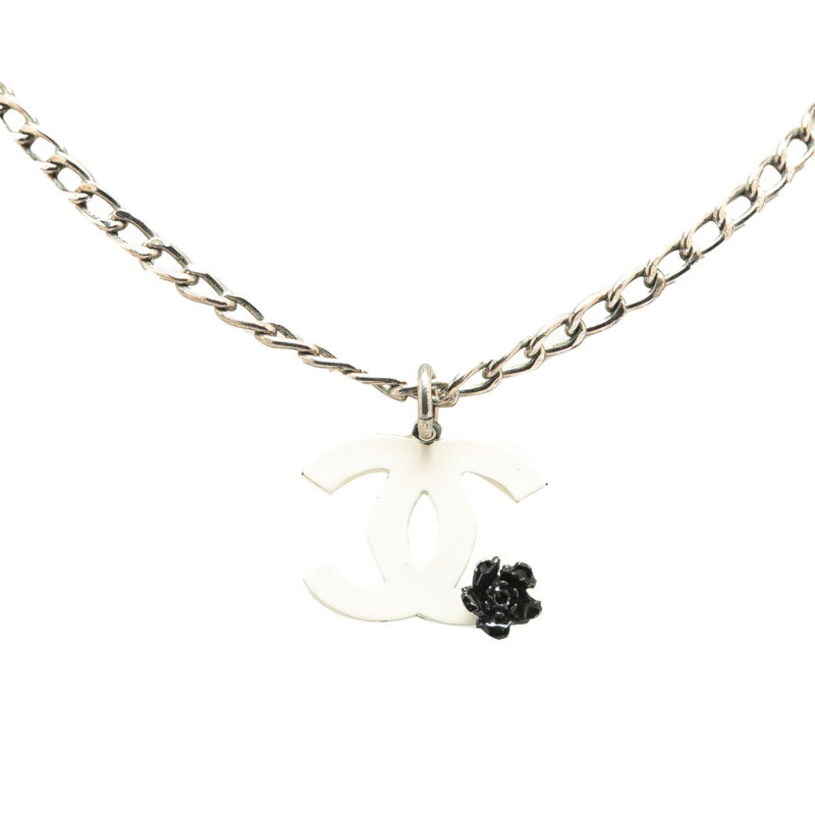 CHANEL Coco Mark Camellia Necklace Silver White Metal Women's (1 of 5)