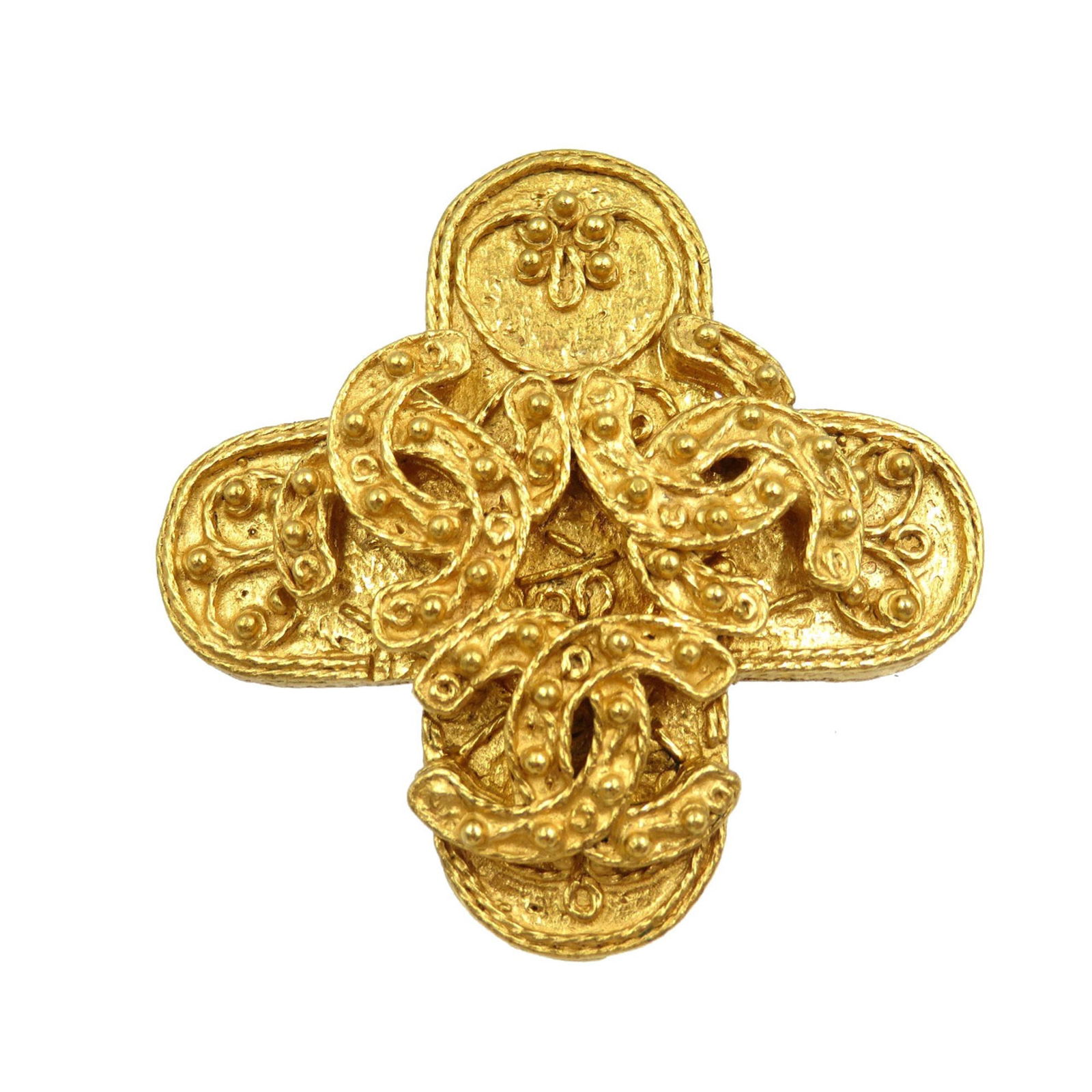 Metal Chanel Brooch: Metal Chanel Brooch This listing features Metal Chanel Brooch. Item specifics are provided below. Item Specifics: Brand: Chanel Type: Brooch Gender: Women Material: Metal Color: Gold Size (Hxwxd):