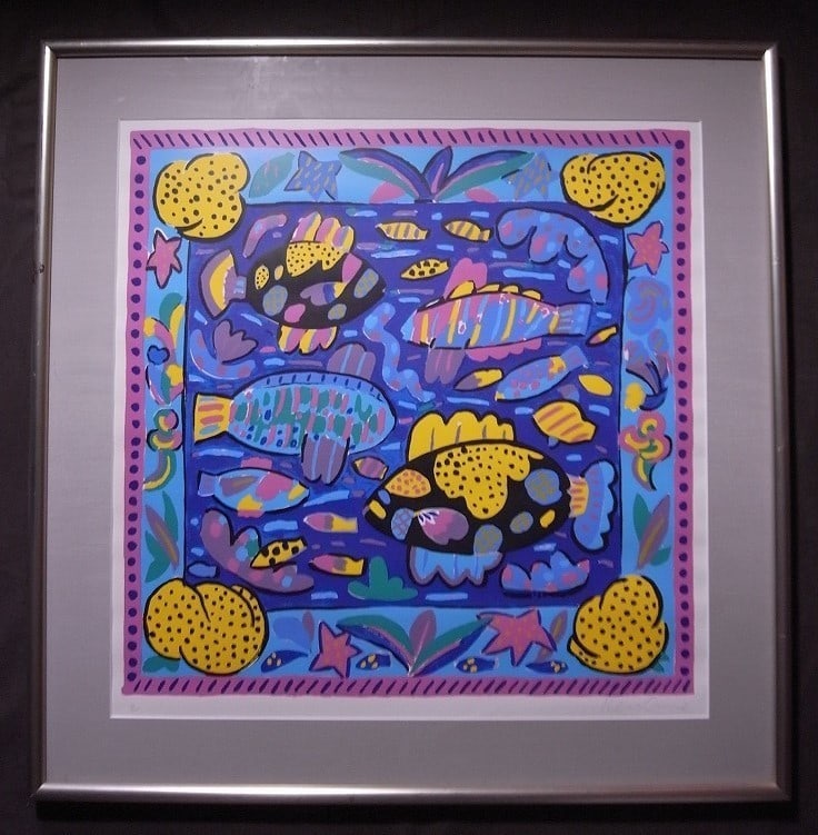 Vibrant Ken Done "Two Black Fish" Hand Signed Serigraph 23/ 200 Large Framed: Vibrant Ken Done "Two Black Fish" Hand Signed Serigraph 23/ 200 Large Framed Experience the vibrant world of Australian artist Ken Done with this stunning limited edition serigraph, "Two Black Fish",