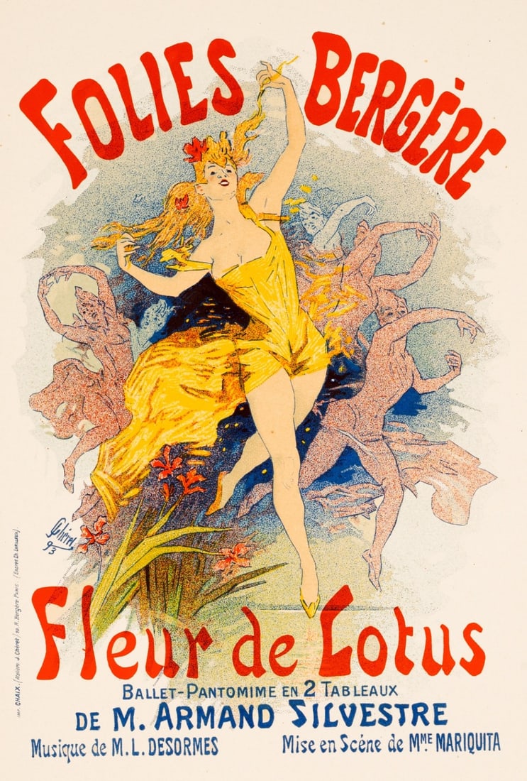 Lithograph Folies Bergere Fleur De Lotus Jules Cheret 1893 Affiches Illustrees: Lithograph Folies Bergere Fleur De Lotus Jules Cheret 1893 Affiches Illustrees Experience the Art Nouveau charm of Jules Cheret's iconic lithograph, Folies Berg?re Fleur De Lotus, created in 1893. Thi