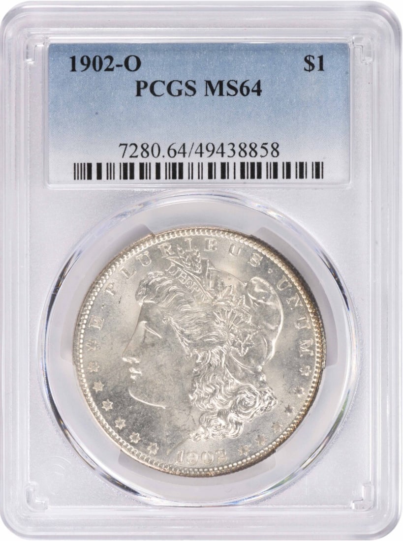 Morgan Silver Dollar (MS64) 1902-O: Morgan Silver Dollar (MS64) 1902-O A rare and beautiful 1902-O Morgan Silver Dollar, graded MS64 by PCGS, boasts stunning condition with minimal wear, showcasing the iconic design of George T. Morgan.