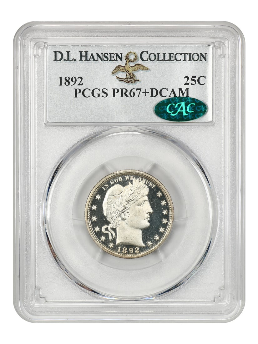 Deep Cameo 1892 25c PCGS/ CAC Proof 67+ Ex: D.L. Hansen: Deep Cameo 1892 25c PCGS/ CAC Proof 67+ Ex: D.L. Hansen A stunning example of American numismatic art, this 1892 Barber Quarter boasts an impressive PCGS/ CAC Proof 67+ grade, showcasing exceptional