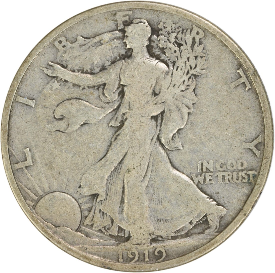1919-D Walking Liberty Half Dollar - F Uncertified: 1919-D Walking Liberty Half Dollar - F Uncertified Experience the iconic design of the 1919-D Walking Liberty Half Dollar, featuring Adolph Alexander Weinman's elegant depiction of Lady Liberty