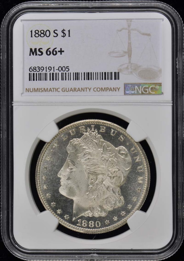 Morgan Dollar (1880-S) MS66+ NGC: Morgan Dollar (1880-S) MS66+ NGC A rare and highly sought-after Morgan Dollar, certified MS66+ by the Numismatic Guaranty Corporation (NGC), boasts exceptional condition with minimal wear. Struck in 1