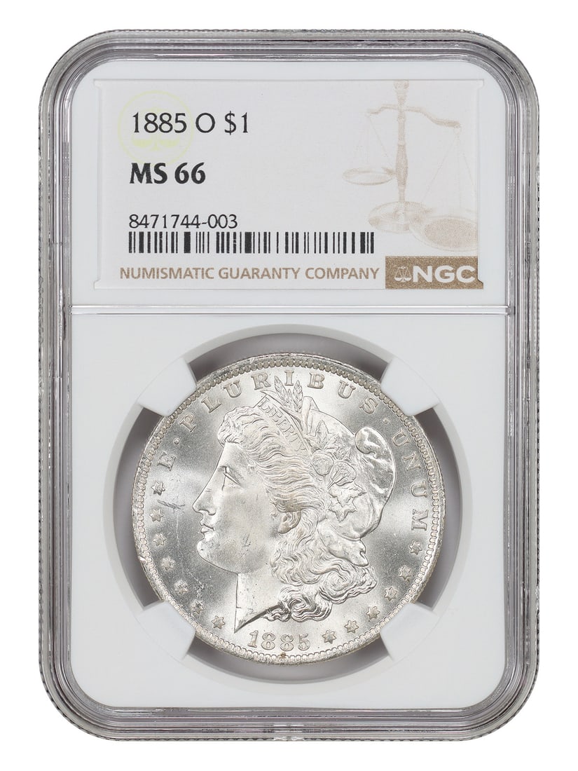 1885-O $1 NGC MS66 Morgan Dollar: 1885-O $1 NGC MS66 Morgan Dollar Experience the majesty of the 1885-O Morgan Dollar, certified by the NGC as MS66, one of the highest grades for circulated coins. This stunning example boasts a rich h