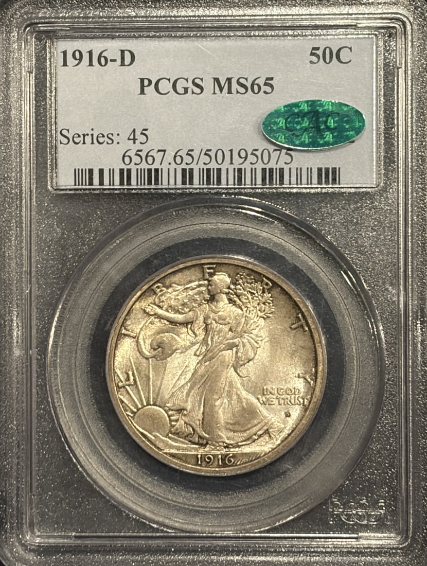 1916-D Walking Liberty Half Dollar PCGS MS65 CAC: 1916-D Walking Liberty Half Dollar PCGS MS65 CAC Experience the iconic Walking Liberty design of 1916-D Half Dollars, certified by PCGS and CAC as MS65, with stunning details that showcase its excepti
