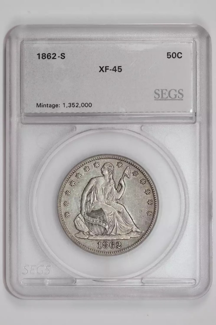 Seated Liberty Half Dollar 1862-S Choice XF/ AU: Seated Liberty Half Dollar 1862-S Choice XF/ AU A rare and highly sought-after Seated Liberty Half Dollar, minted in 1862 at the San Francisco Mint, is up for auction. This beautifully preserved coin