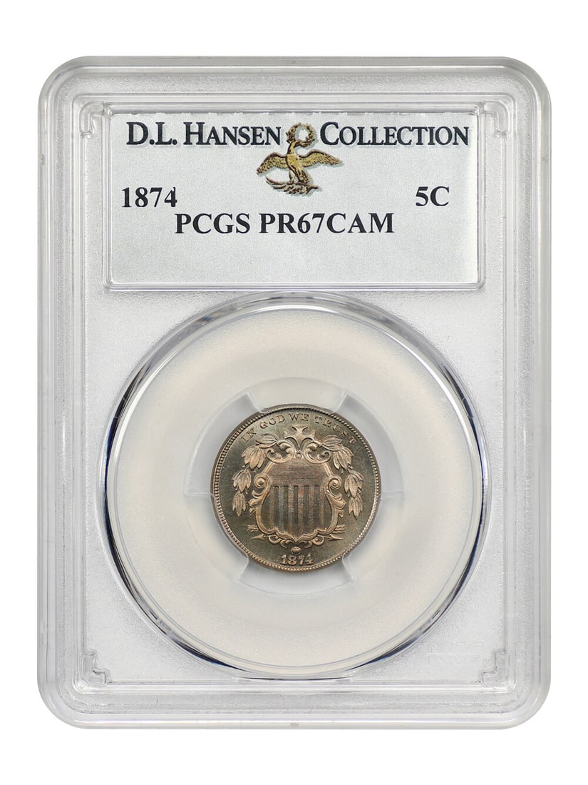 D.L. Hansen Ex: 1874 5C PCGS PR67CAM: D.L. Hansen Ex: 1874 5C PCGS PR67CAM A stunning example of American numismatic art, the 1874 Shield Nickel graded PR67CAM by PCGS is a true gem for collectors. This uncirculated coin boasts exceptiona