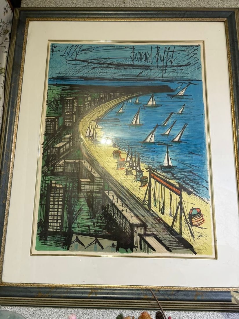 Bernard Buffet Signed LA PLAGE DE LA BAULE Lithograph Poster Framed: Bernard Buffet Signed LA PLAGE DE LA BAULE Lithograph Poster Framed Experience the breathtaking beauty of Bernard Buffet's iconic LA PLAGE DE LA BAULE lithograph, signed by the artist himself. This st