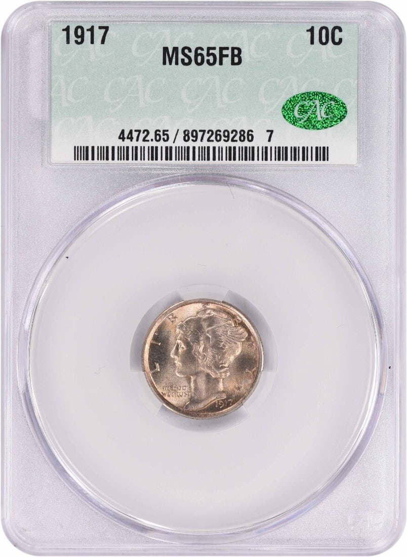 1917 Mercury Dime MS65FB CACG: 1917 Mercury Dime MS65FB CACG A rare and highly sought-after 1917 Mercury Dime, graded MS65 by the CACG, boasts an impressive circulated uncirculated condition with a striking appearance that showcase