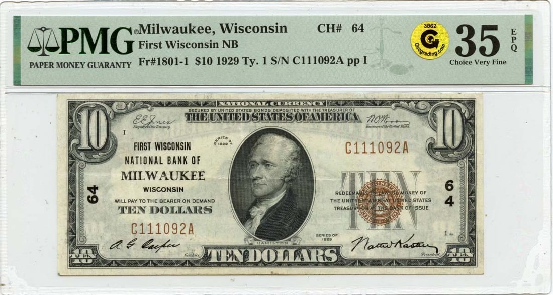 Gold 1929 Ty1 $10 First Wisconsin NB Milwaukee CH#64 PMG VF35 EPQ GCC: Gold 1929 Ty1 $10 First Wisconsin NB Milwaukee CH#64 PMG VF35 EPQ GCC A rare and highly sought-after 1929 $10 Gold Note, graded VF35 by PMG, boasts the distinctive 'Ty1' design and is certified as cir