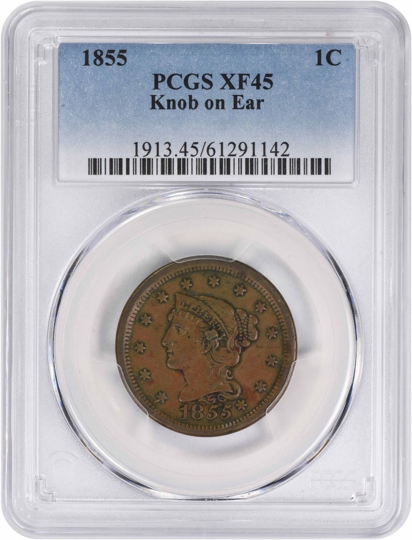 1855 Large Cent with Knob on Ear - EF45 PCGS: 1855 Large Cent with Knob on Ear - EF45 PCGS A rare and highly sought-after 1855 Large Cent, this coin boasts its distinctive knob on the ear of the coronet head design, a hallmark of early American c