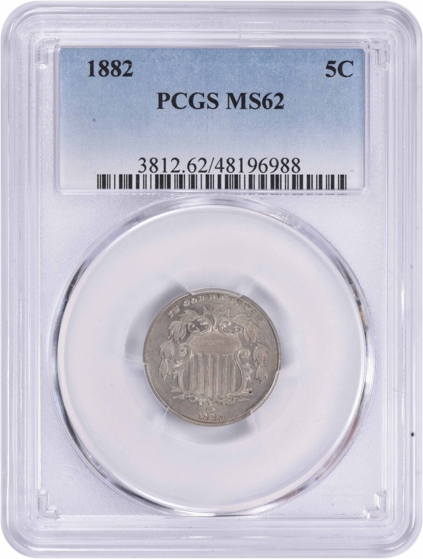 1882 Shield Nickel MS62 PCGS: 1882 Shield Nickel MS62 PCGS A rare and highly sought-after Shield Nickel, graded MS62 by PCGS, boasts stunning mint state condition with a rich history dating back to 1882 when it was minted in Phila