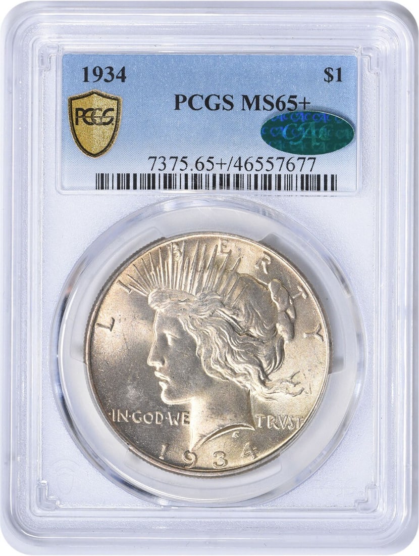 PCGS MS65+ 1934 Peace Silver Dollar CAC: PCGS MS65+ 1934 Peace Silver Dollar CAC Experience the beauty of American numismatics with this stunning PCGS MS65+ 1934 Peace Silver Dollar, graded Uncirculated by one of the most respected third-par