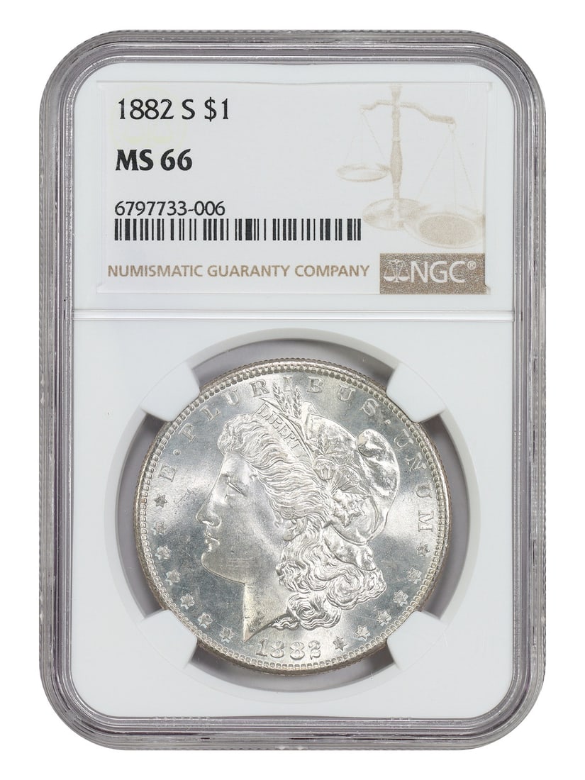 1882-S $1 NGC MS66 - Morgan Dollar Popular Collector Date: 1882-S $1 NGC MS66 - Morgan Dollar Popular Collector Date Experience the iconic Morgan Dollar from 1882, certified by NGC as MS66, one of the highest grades for circulated coins. This stunning example