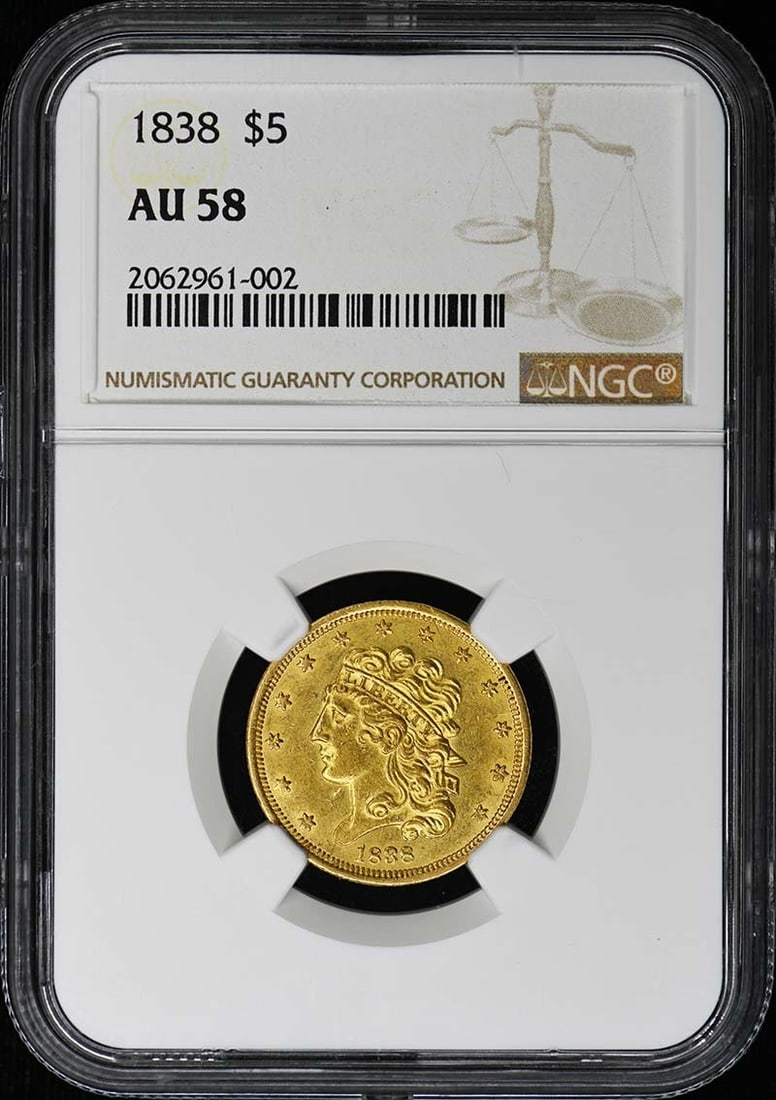 AU58 1838 Classic Head $5 NGC: AU58 1838 Classic Head $5 NGC A rare and historic $5 gold piece from the early days of American numismatics, this 1838 AU58 Classic Head $5 is certified by NGC and showcases the Philadelphia mint