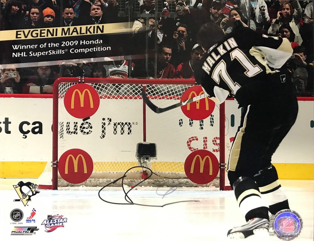 Photo Evgeni Malkin Autographed 2009 All-Star Skills Competition 8x10: Photo Evgeni Malkin Autographed 2009 All-Star Skills Competition 8x10 Get ready to own a piece of NHL history with this autographed photo of Evgeni Malkin from the 2009 All-Star Skills Competition.