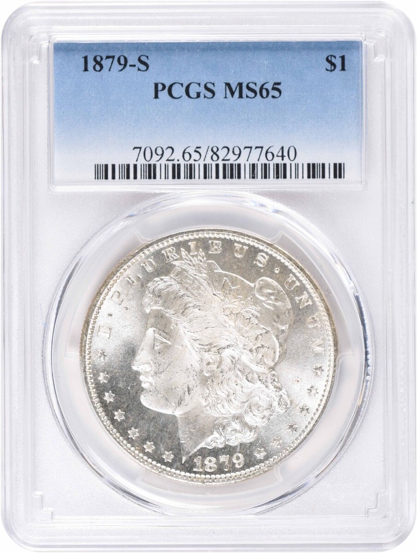 MS65 1879-S Morgan Silver Dollar: MS65 1879-S Morgan Silver Dollar A stunning example of American numismatics, this 1879-S Morgan Silver Dollar boasts a coveted MS65 grade and is certified by PCGS as uncirculated. With its rich