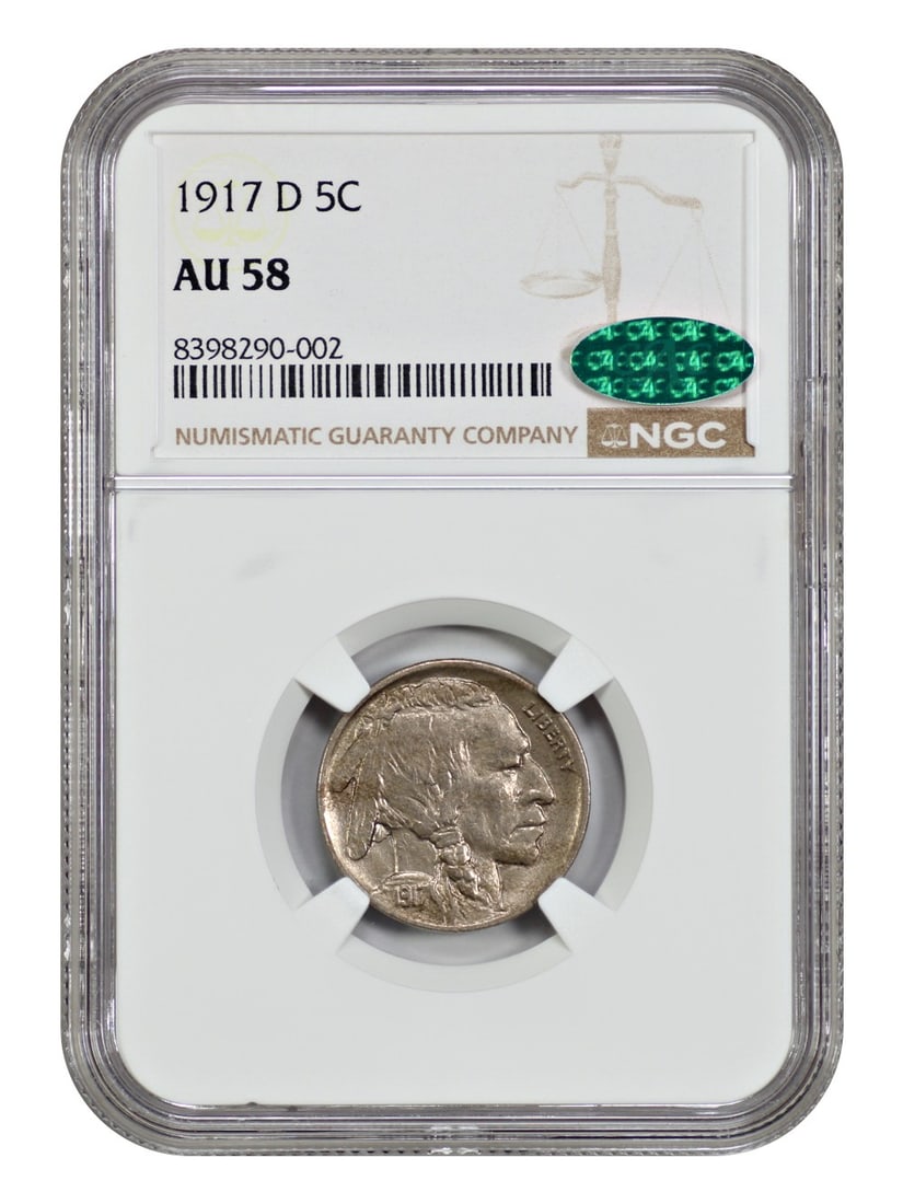 1917-D Buffalo Nickel (NGC/ CAC) AU58: 1917-D Buffalo Nickel (NGC/ CAC) AU58 Experience the charm of America's early 20th-century coinage with this 1917-D Buffalo Nickel, certified by NGC and graded AU58. As one of the most iconic coins