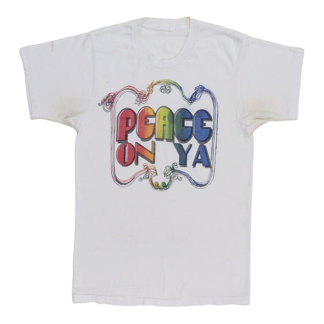 Shirt 1970s Peace On Ya: Shirt 1970s Peace On Ya Score big with this original vintage 1970s Peace On Ya Shirt, boasting bold front and back graphics that scream nostalgia. With its 50/50 poly/cotton blend and relaxed fit, thi