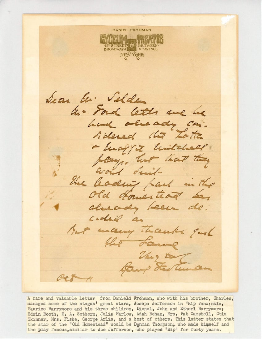 Letter Daniel Frohman Autographed: Letter Daniel Frohman Autographed A rare and unique opportunity to own a piece of history, this autographed letter from Daniel Frohman is a treasured collectible for fans of American literature and