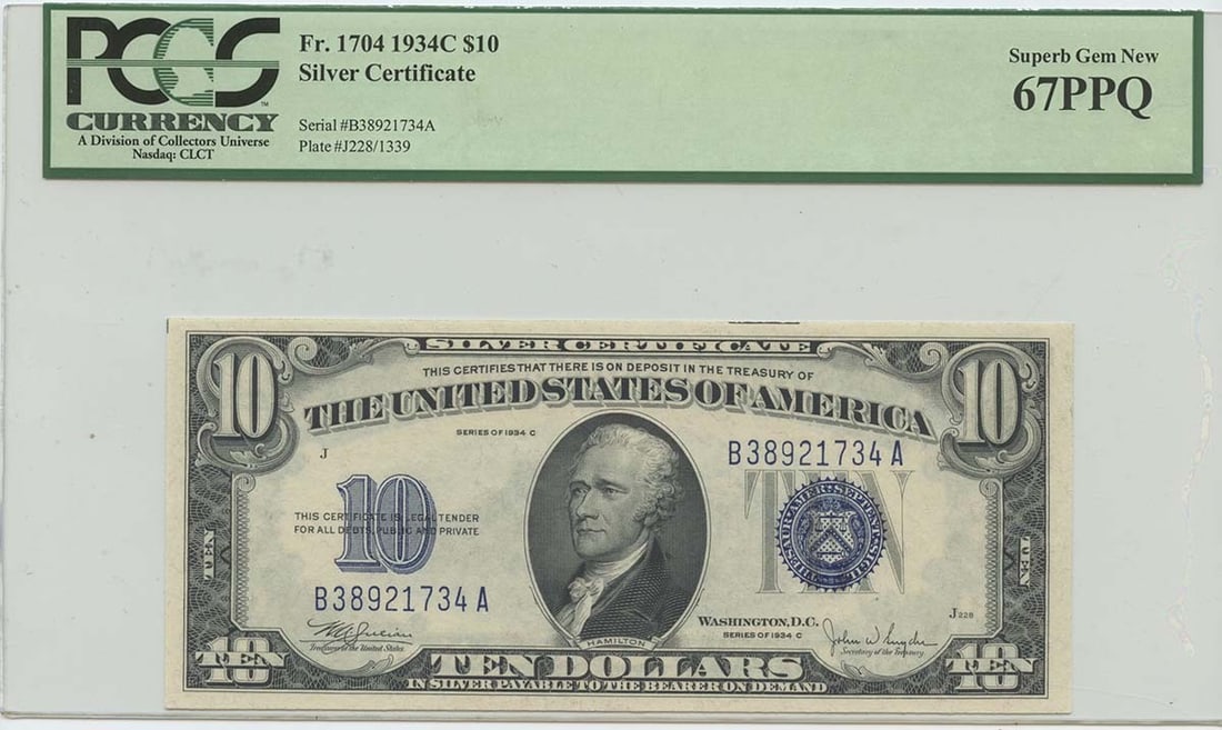 1934C $10 Silver Certificate, FR#1704, PCGS 67PPQ Superb Gem Unc: 1934C $10 Silver Certificate, FR#1704, PCGS 67PPQ Superb Gem Unc A rare and highly sought-after 1934 $10 Silver Certificate, graded MS67 by PCGS, is up for auction. This Superb Gem Uncirculated