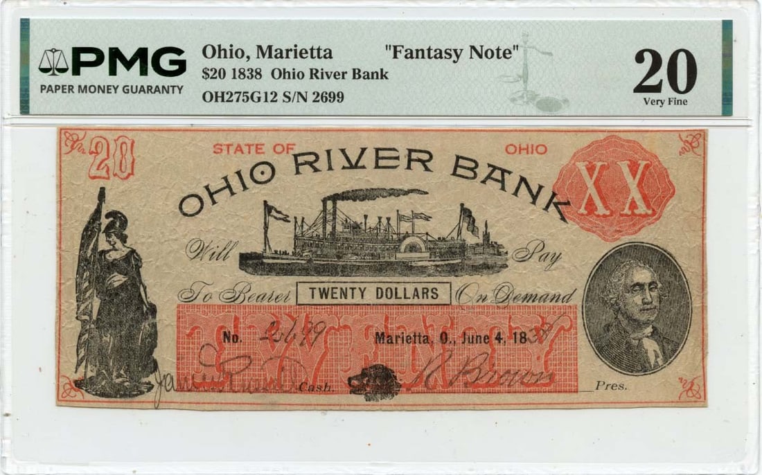 $20 1838 Fantasy Note (PMG VF20) - Ohio River Bank: $20 1838 Fantasy Note (PMG VF20) - Ohio River Bank Rarity seekers, take note! This 1838 Fantasy Note is a true gem, certified by PMG as VF20 and graded for its circulated condition. As one of the