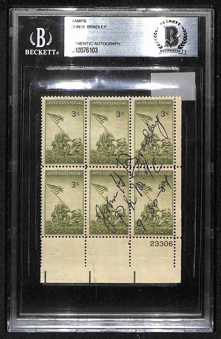 201842 John H. Bradley Signed Iwo Jima Flag Raiser 3"X4" Stamp Plate BAS/ Beckett: 201842 John H. Bradley Signed Iwo Jima Flag Raiser 3"X4" Stamp Plate BAS/ Beckett A rare and historic opportunity to own a piece of American military history, this 3" x 4" stamp plate is signed by