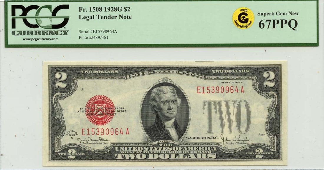 1928G $2 Legal Tender Note, FR#1508, PCGS Superb GEM 67 EPQ, GCC Gold: 1928G $2 Legal Tender Note, FR#1508, PCGS Superb GEM 67 EPQ, GCC Gold Experience the elegance of the 1928 $2 Legal Tender Note, certified by PCGS as MS67 Uncirculated and graded EPQ (Extraordinary