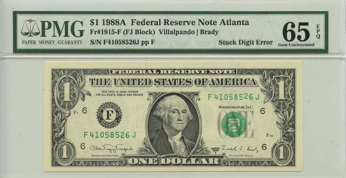 Error 1988A $1 FRN Atlanta Fr# 1915-F PMG Gem65 EPQ Stuck Digit (1 of 1)