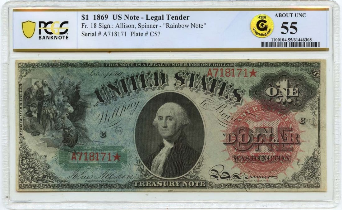 1869 $1 Gold Legal Tender Note (FR#18) PCGS AU55 Choice Rainbow: 1869 $1 Gold Legal Tender Note (FR#18) PCGS AU55 Choice Rainbow Experience the rare charm of 19th-century American currency with this stunning 1869 $1 Gold Legal Tender Note, graded AU55 by PCGS and