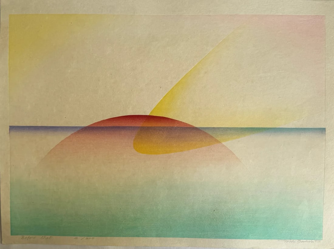 Toshi Yoshida "Before That" Signed Woodblock Print (Low Edition) 1975: Toshi Yoshida "Before That" Signed Woodblock Print (Low Edition) 1975 Toshi Yoshida's "Before That" woodblock print, created in 1975, is a rare and captivating example of Japanese modernism. This
