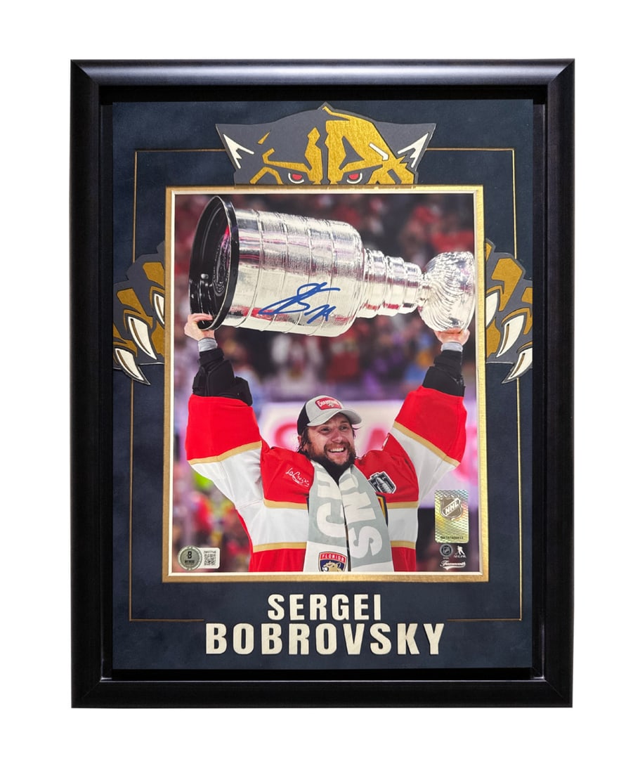 (Beckett) Sergei Bobrovsky Autographed 8x10 Framed Panthers Photo: (Beckett) Sergei Bobrovsky Autographed 8x10 Framed Panthers Photo Get ready to own a piece of hockey history with this autographed 8x10 framed photo of Sergei Bobrovsky, signed in blue sharpie by the