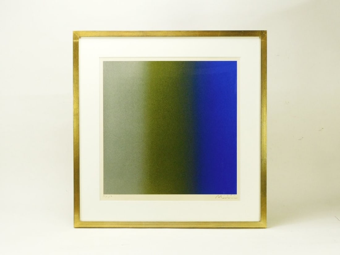 Box Hisashi Momose Vertical Blue Serigraph 1985 Signed ED 97/ 150 Framed With: Box Hisashi Momose Vertical Blue Serigraph 1985 Signed ED 97/ 150 Framed With Experience the vibrant energy of Japanese abstract artist Hisashi Momose's signature style in this striking vertical serig