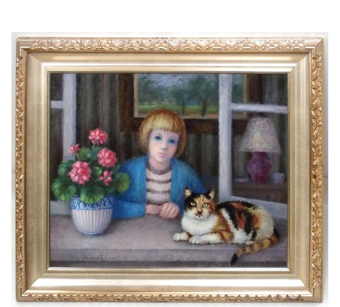 Style Angelina Lavernia Oil Painting Girl Cat Window La Fenetre French: Style Angelina Lavernia Oil Painting Girl Cat Window La Fenetre French Meet La Fenetre, a charming oil painting by French artist Angelina Lavernia, capturing the essence of a girl gazing out at the wi