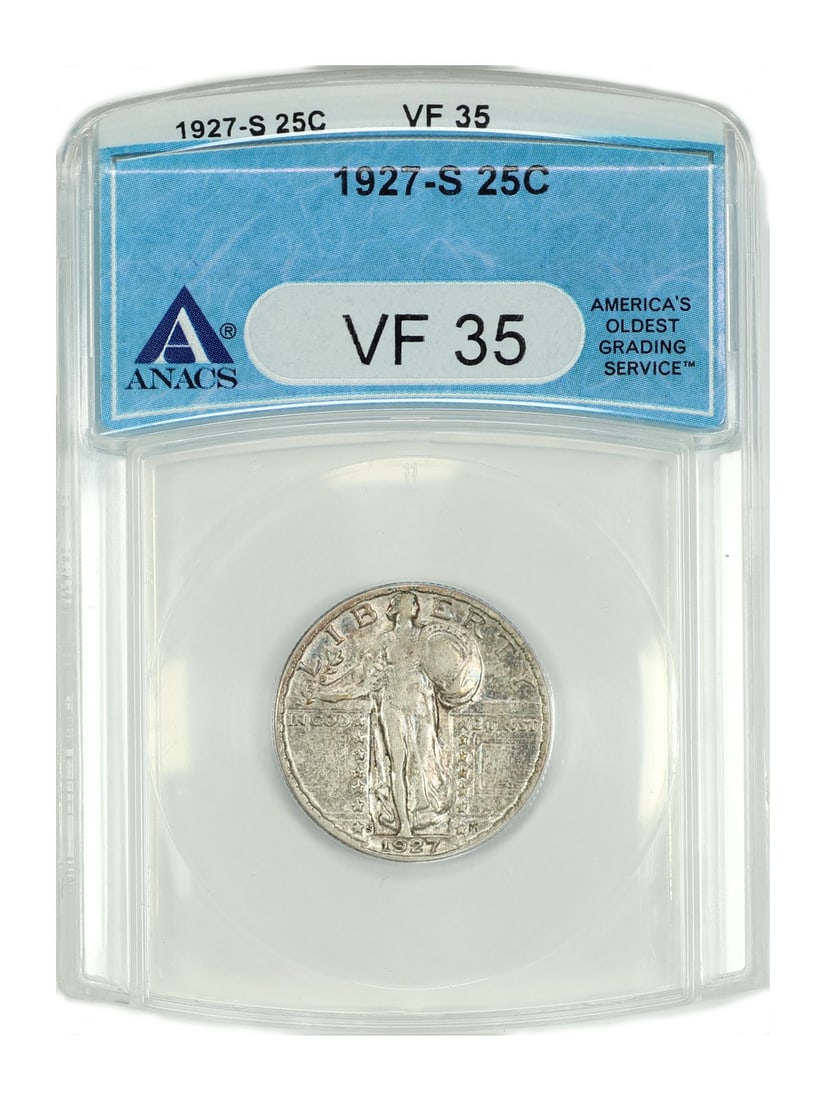 1927-S Standing Liberty Quarter (S-Mint) VF35 ANACS: 1927-S Standing Liberty Quarter (S-Mint) VF35 ANACS Experience the beauty of the 1927-S Standing Liberty Quarter, certified by ANACS as VF35, with its stunning San Francisco mint mark and circulated c
