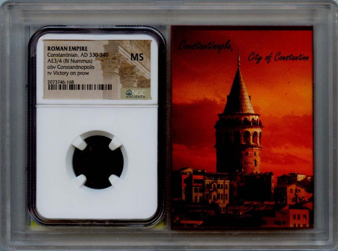 AD 330-340 ROMAN AE3/ 4 (BI Nummus) NGC MS60 Story Vault - Constantinian: AD 330-340 ROMAN AE3/ 4 (BI Nummus) NGC MS60 Story Vault - Constantinian Experience the majesty of ancient Rome with this stunning AD 330-340 Roman AE3/4, certified by NGC as MS60. Minted in Italy dur