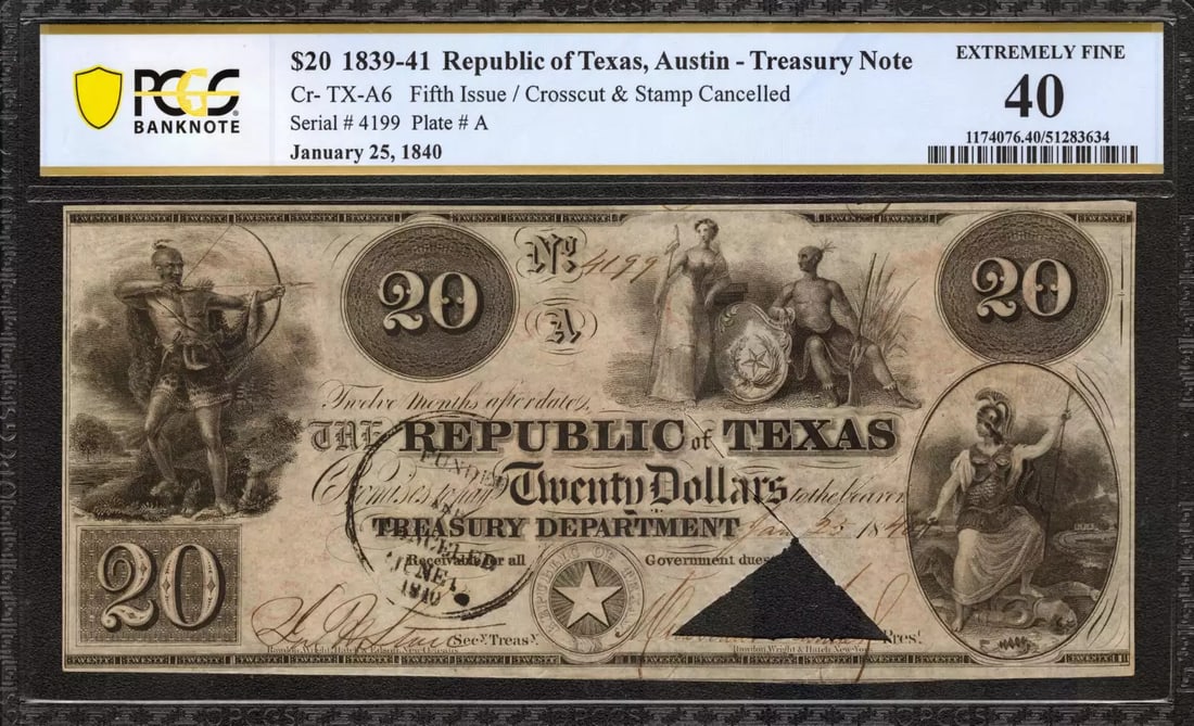 (634) 1839-41 $20 REPUBLIC OF TEXAS TREASURY NOTE CR-TX-A6 AUSTIN PCGS 40 XF: (634) 1839-41 $20 REPUBLIC OF TEXAS TREASURY NOTE CR-TX-A6 AUSTIN PCGS 40 XF A rare and historic $20 Republic of Texas Treasury Note from 1839-41, graded PCGS 40 XF by the renowned Professional Coin G